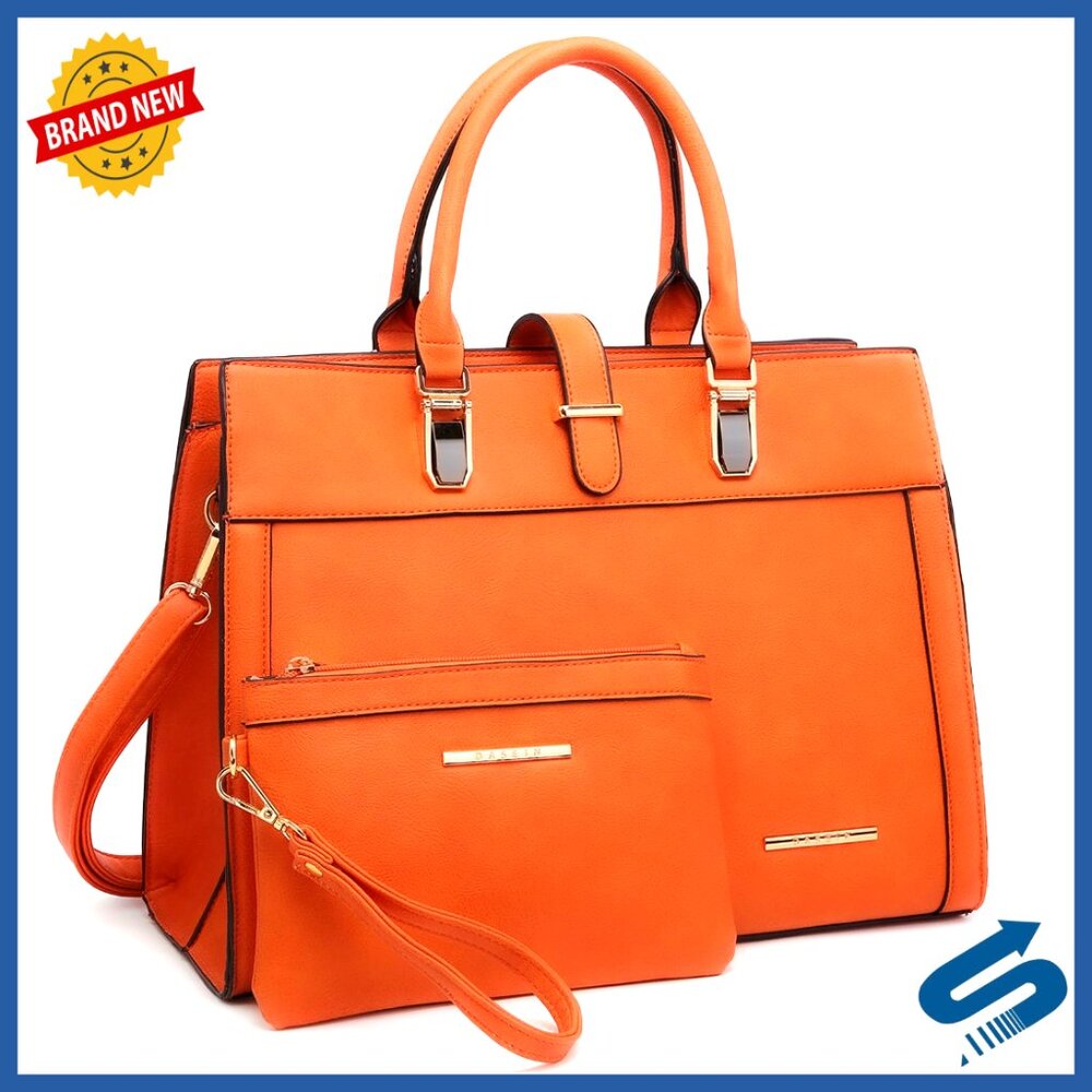 Large Vegan Leather Tote with Wristlet, Flap-Over Belt, Multiple Pockets
